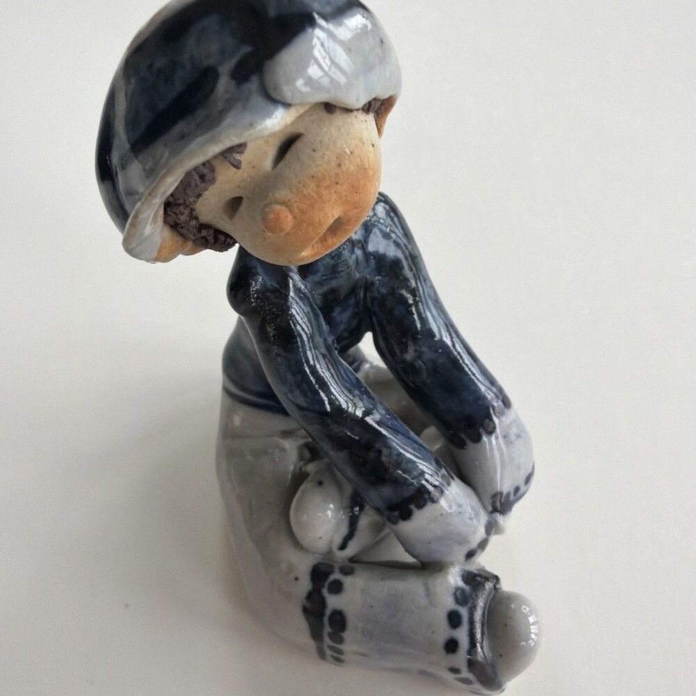 Vintage Chinese Shiwan Mud Boy Figurine Blue Drip Glaze Child Folk Pottery 4"